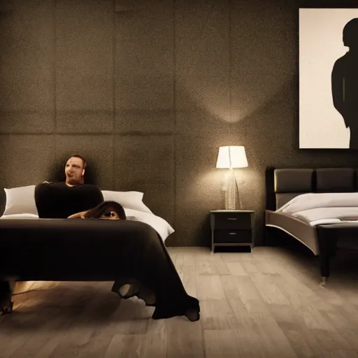 Image similar to hyper realistic photo of a room, with a tall black silhouette of a person, standing in front of a person sleeping in bed, at night