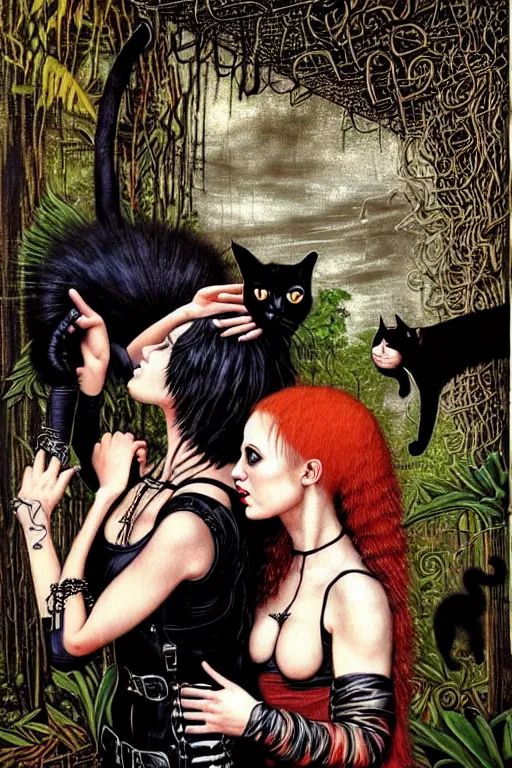 Image similar to punk rock girls kissing and making selfie with black cats in jungle , 1980 style, mad max jacket, post apocalyptic, Cyberpunk, renaissance, Gothic, mystic, highly detailed, 4k, fog, oil painting on canvas by Leonardo Da Vinci, hyper realistic style, fantasy by Olga Fedorova