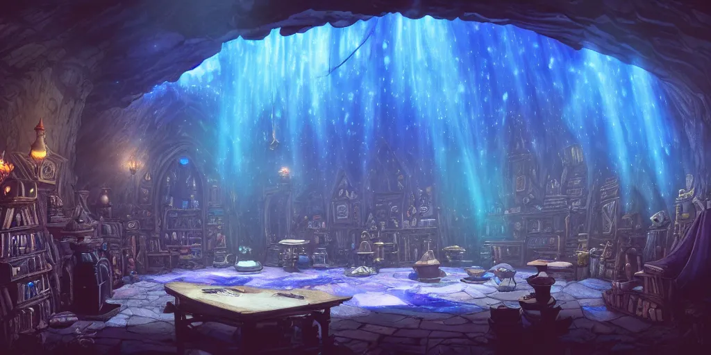 Image similar to interior of a dark wizards sanctum, blue light, cluttered with magical objects, spell books, potions, dramatic lighting, epic composition, wide angle, by miyazaki, nausicaa ghibli, breath of the wild