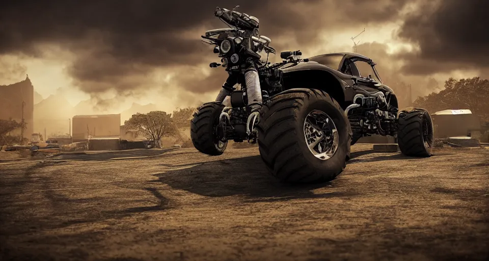 Prompt: motorcycle with monster truck wheels, stunning photo, cinematic lighting, perfect composition, 8K, ultra-detailed , Trending on artstation, Octane render, Unreal Engine, highly detailed,