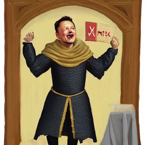 Image similar to elon musk as a smug peasant in medieval times, oil on canvas