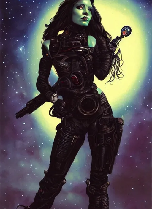 Image similar to portrait of female space pirate, night sky background, beautiful! coherent! by brom, deep color, strong line, high contrast