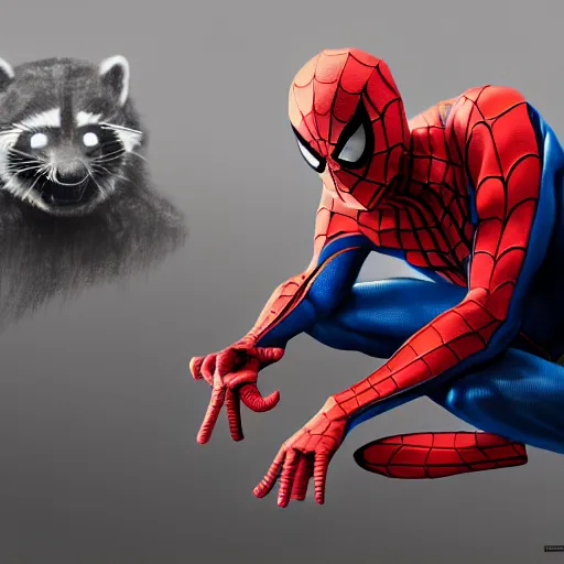 Image similar to spider - man sit on top of big raccoon and eating donuts, action scene, concept art, trending on artstation, highly detailed, intricate, sharp focus, digital art, 8 k