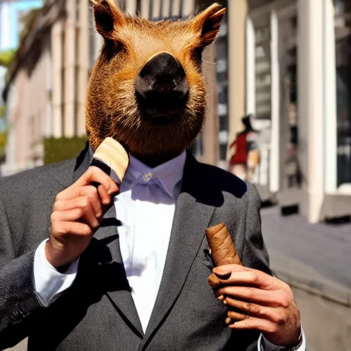 Image similar to smoking cigar, a man wearing a suit capybara head (smoking cigar)