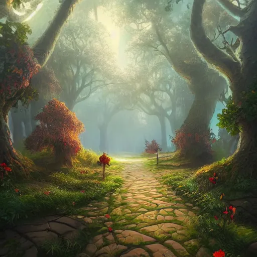 Prompt: a painting of a path leading to a mystical forest full of wonders, apple trees, magical atmosphere, trending on artstation, 30mm, by Tyler Edlin, by Noah Bradley