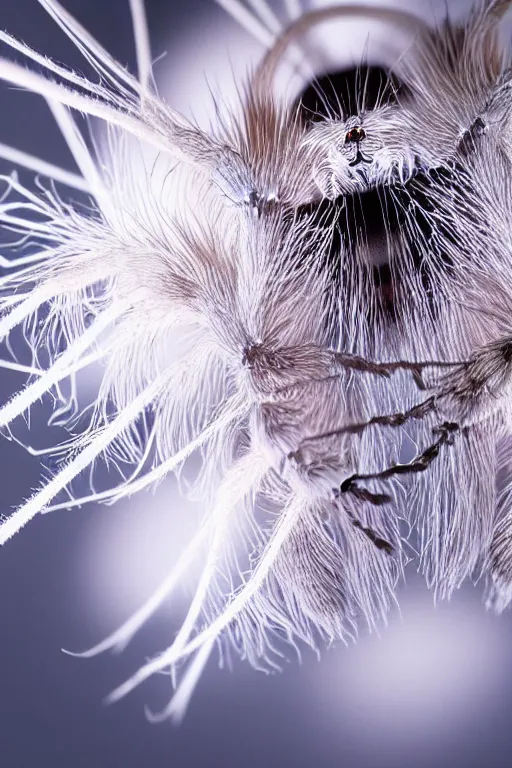 Image similar to high quality macro photo fluffy white spiders! gorgeous highly detailed hannah yata elson peter cinematic lighting high quality low angle hd 8k sharp shallow depth of field