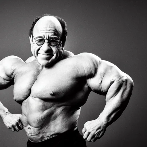 Prompt: a photoshoot of an extremely buff danny devito flexing his muscles, dramatic, studio lighting, black and white