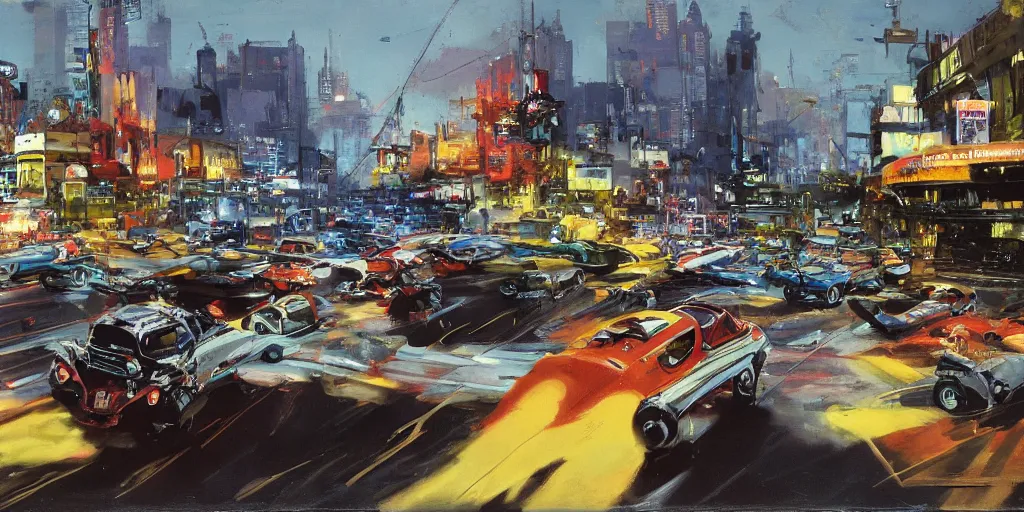 Image similar to hotrods driving down a street , vintage, highly detailed, 4K, by John Berkey