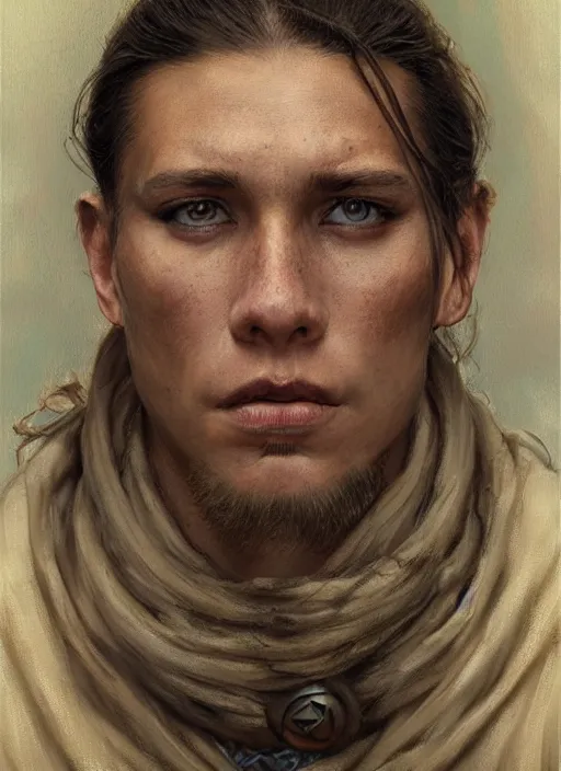 Image similar to a young shaman in his twenties with medium light brown hair tied back, a large forehead, a widows peak and a round face with high cheekbones as a realistic d & d fantasy character, portrait art by donato giancola and greg rutkowski, vintage retro, realistic face, digital art, trending on artstation