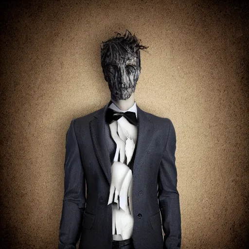 Image similar to man wearing a suit made of broken dreams, portrait, realistic, dark, eerie, sharp focus