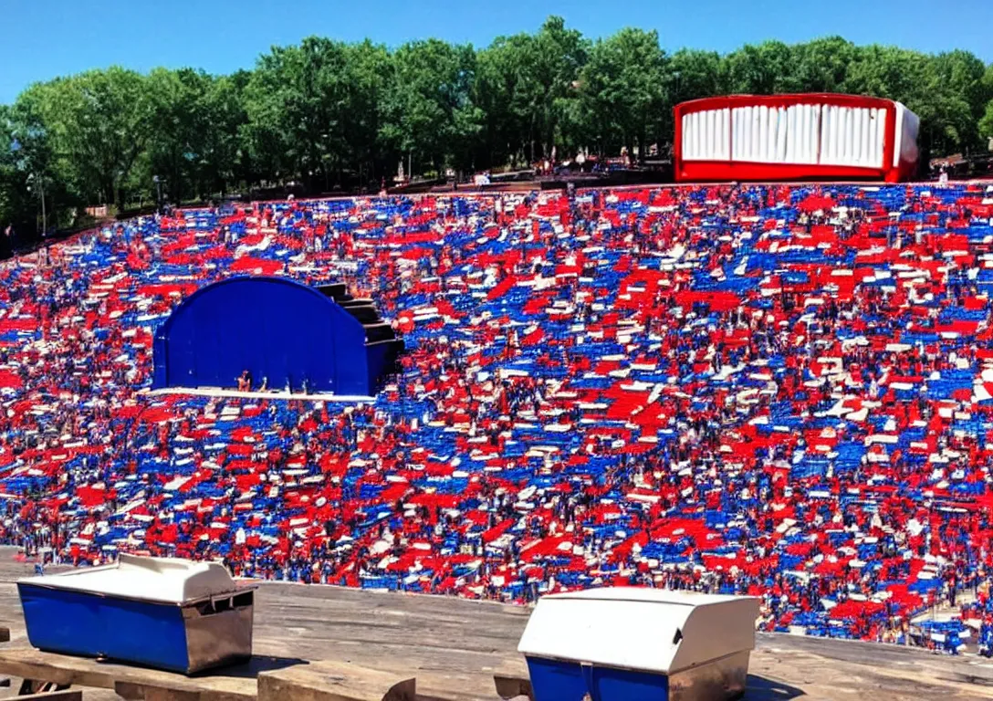 Prompt: Large amphitheater full of people watching a dumpster with a fire inside of it on the stage. Red white and blue themed.