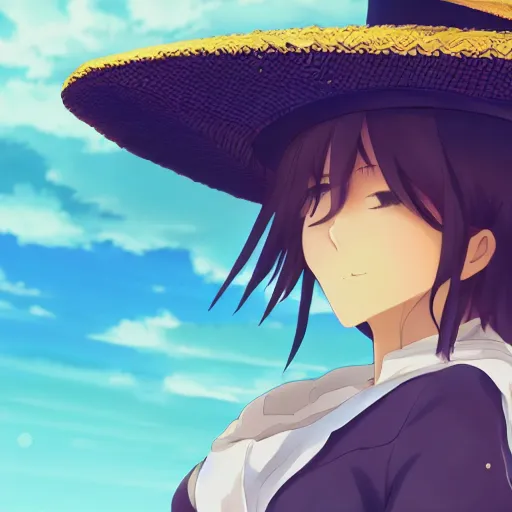 Prompt: closeup of an Anime girl wearing a sombrero vueltiao\' with the city of Armenia Quindio in the background, Artwork by Makoto Shinkai, official media, 8k, wallpaper, high definition, wallpaper, hd, digital artwork