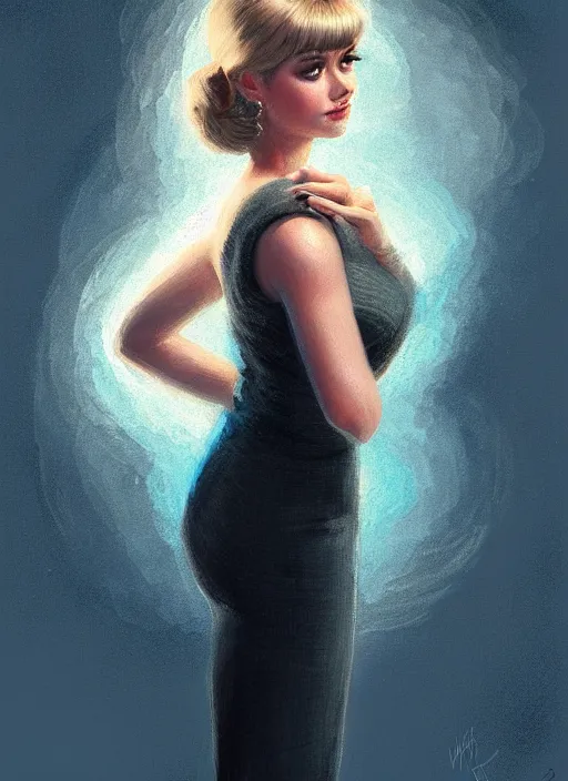 Image similar to portrait of betty cooper with fluffy bangs, bangs, 1 9 6 0 s, ponytail, curly bangs and ponytail, rounder face, intricate, elegant, glowing lights, highly detailed, digital painting, artstation, concept art, smooth, sharp focus, illustration, art by wlop, mars ravelo and greg rutkowski