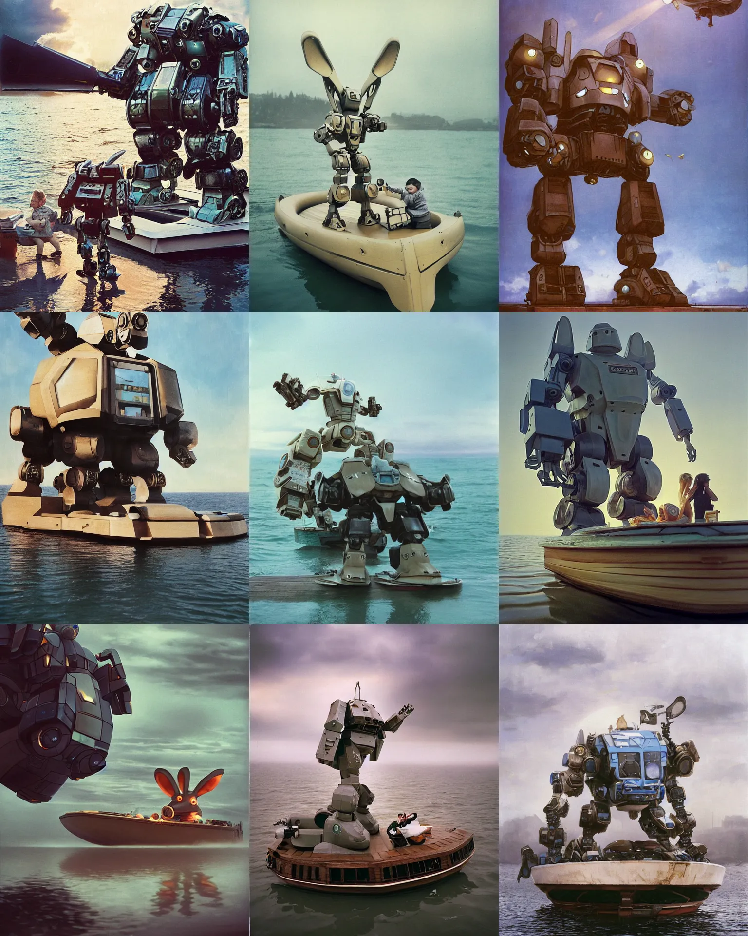 Prompt: giant oversized futuristic chubby battle robot mech with giant rabbit ears as giant cyborg baby on wooden boat in ocean , Cinematic focus, telephoto lens, super realistic , Polaroid photo, vintage, neutral colors, soft lights, foggy ,by Steve Hanks, by Serov Valentin, by lisa yuskavage, by Andrei Tarkovsky