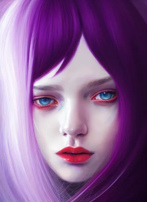 Image similar to hair whitebangs hair, black hair, whitebangs, portrait of teenage girl with white bangs, red irises, purple clothes, white bangs, bangs are different color from hair, intricate, elegant, glowing lights, highly detailed, digital painting, artstation, concept art, smooth, sharp focus, illustration, art by wlop, mars ravelo and greg rutkowski