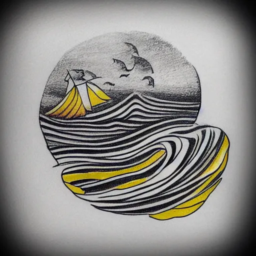 Image similar to tattoo sketch of a ocean, on a yellow paper, ornamental, line art, minimalism