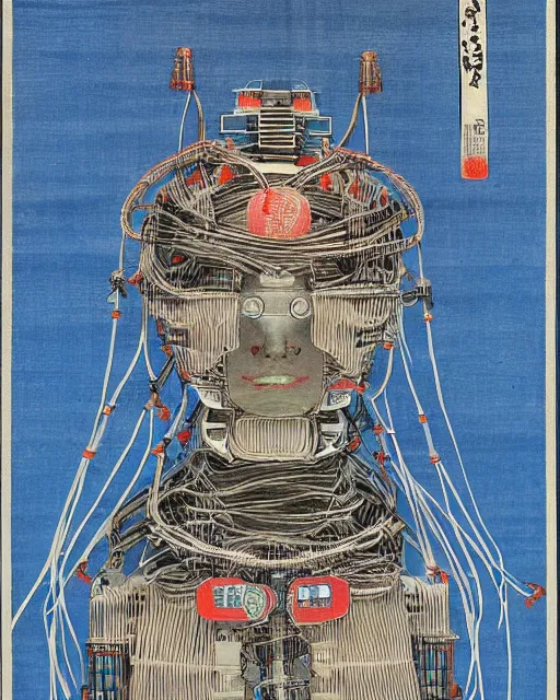 Image similar to Hiroshige portrait of a robot saint made of cables and robotic pod by Claudio Mazzoli