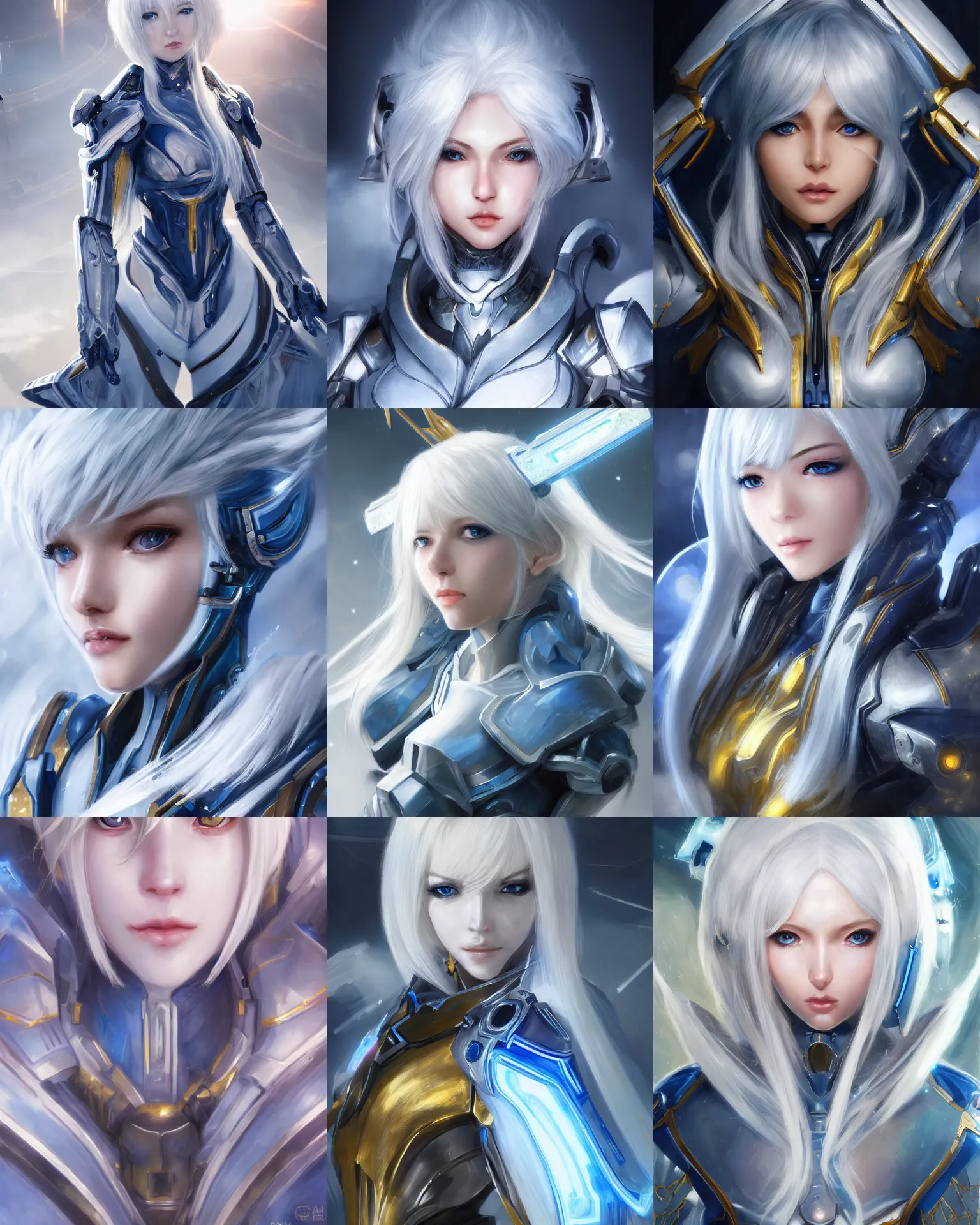 Prompt: detailed portrait of perfect white haired girl, android, warframe armor, beautiful, dreamy, pretty face, blue cyborg, eyes, scifi, temple background, blue, gold, sun yunjoo, ultra realistic, aura of light, cinematic lighting, highly detailed, sharp focus, masterpiece, art by won kim