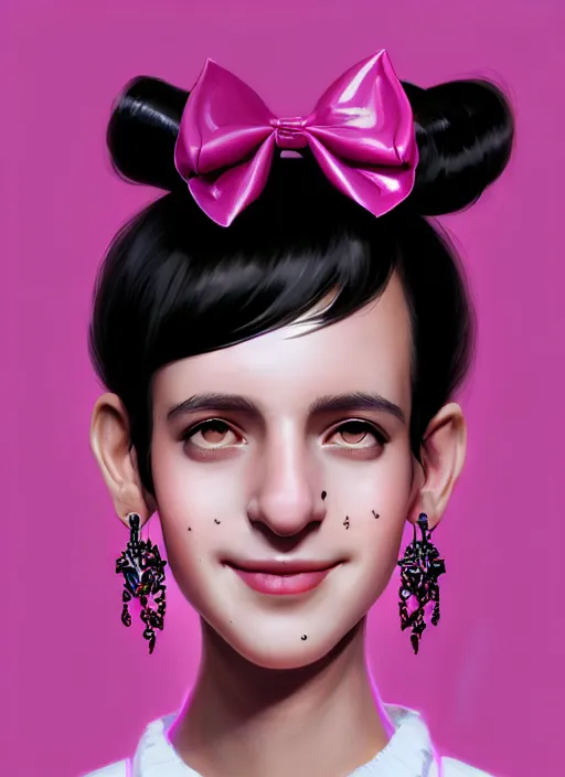 Image similar to portrait of high school girl, realistic, black hair, bangs, half updo hairstyle, pointy nose, skinny, smile, ugly, defined jawline, big chin, pink hair bow, earrings, intricate, elegant, glowing lights, highly detailed, digital painting, artstation, sharp focus, illustration, art by wlop, mars ravelo and greg rutkowski