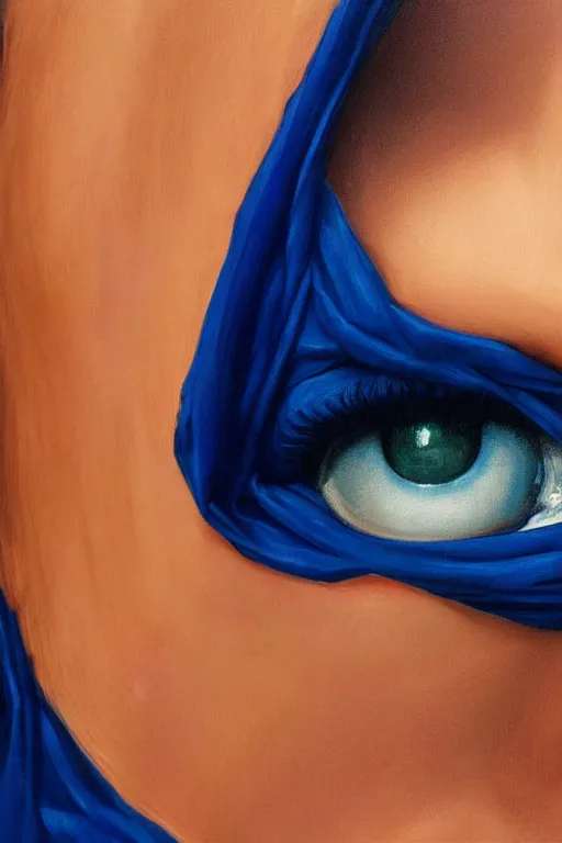 Prompt: hyperrealism extreme close-up portrait of arabian female, wearing black Burqa, blue eyes, dark atmosphere, in style of classicism