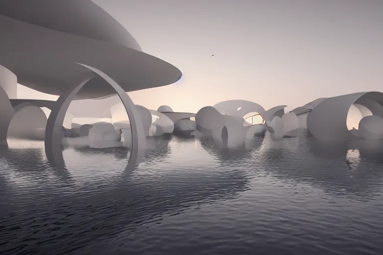 Image similar to 2 0 white round egg shaped buildings intersect and depend on each other to form a post - modern building, by pierre bernard, on the calm lake, people's perspective, future, interior wood, dusk, unreal engine highly rendered, global illumination, radial light, internal environment