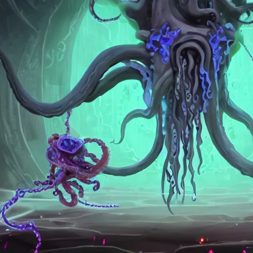 Prompt: screenshot of an end game boss that is a chained up ethereal obsidian ghostly wraith like figure with a squid like parasite latched onto its head and long tentacle arms that flow lazily but gracefully at its sides like a cloak while it floats around a empty frozen chamber with rats as its only companions as the player walks in to battle, this character has hydrokinesis and electrokinesis for silent hill video game and inspired by the resident evil game franchise and vecna from stranger things