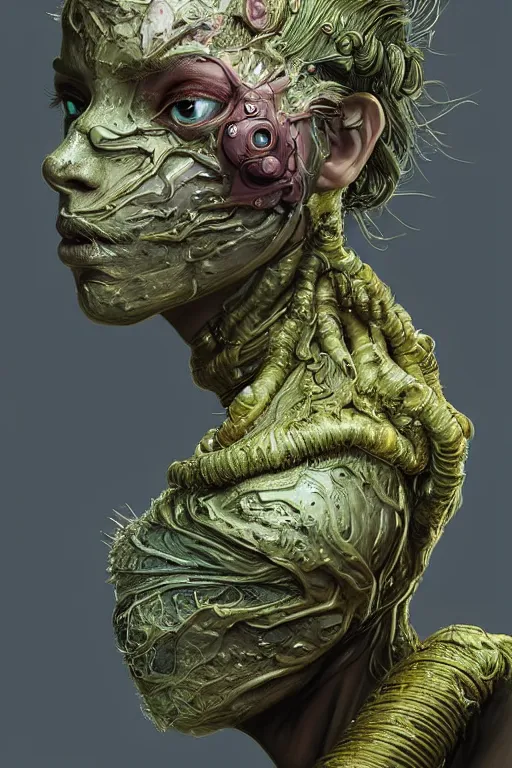 Image similar to beautiful portrait of a mutant algae plant character, intricate transhuman, dystopian cyberpunk, eyelashes, extremely detailed, digital painting, sculpted in zbrush, artstation, concept art, smooth, sharp focus, illustration, chiaroscuro soft lighting, golden ratio, rule of thirds, fibonacci, incredible art by Stanley Artgerm Lau and Greg Rutkowski, composition by mike mignola and Simon Stalenhag,