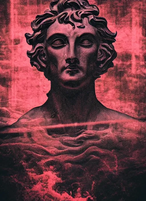 Image similar to dark design poster showing a statue of poseidon, black background with very subtle red and purple design elements, powerful, nekro, vito acconci, thin straight lines, dark, glitch art, neo vaporwave, gritty, layout frame, square, trending on artstation