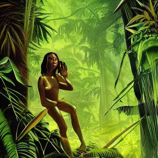 Prompt: alien hidden between the trees in tropical jungle by rutkowski and mullins