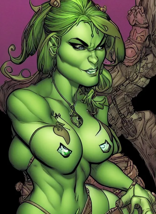 Image similar to green orc female, light green tone beautiful face by j scott campbell