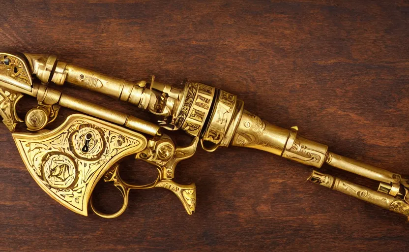 Prompt: golden revolver with engravings laying on a wooden table, complex, high detail