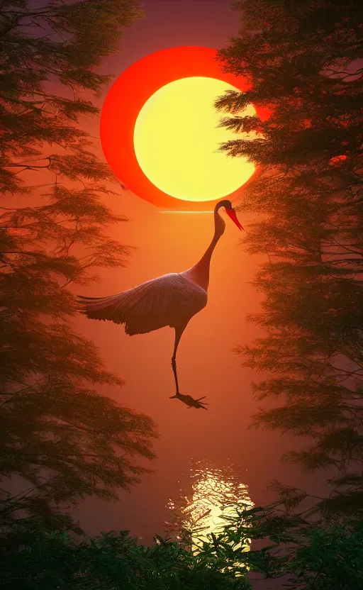 Prompt: cinema 4d, a huge japanese crane bird is chilling above a lake in the middle of a forest of japanese pines, a big red sun in the background, front game card, realistic rendering, trending on behance, concept art, stunning, volumetric lights