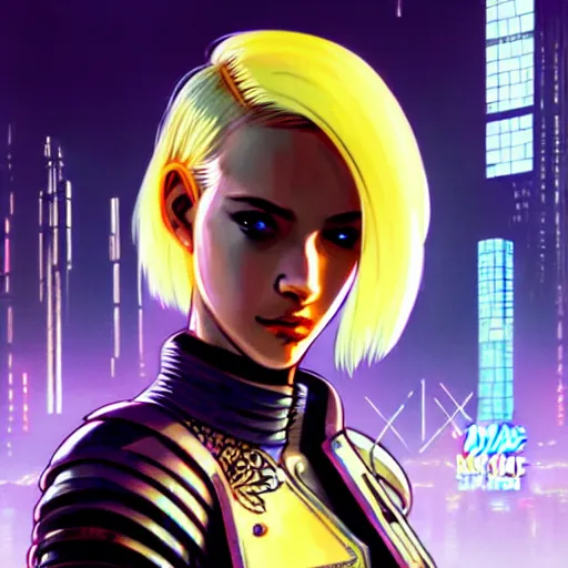 Prompt: beautiful female knight, short blonde hair, cyberpunk 2077, city background, rainy night, neon glow concept art, sharp focus, intricate, digital painting, artstation, official media, anime key visual, highly detailed, rich vivid colors ambient lighting, illustration, art by Artgerm, Makoto Shinkai, Ilya Kuvshinov, Lois Van Baarle and Rossdraws