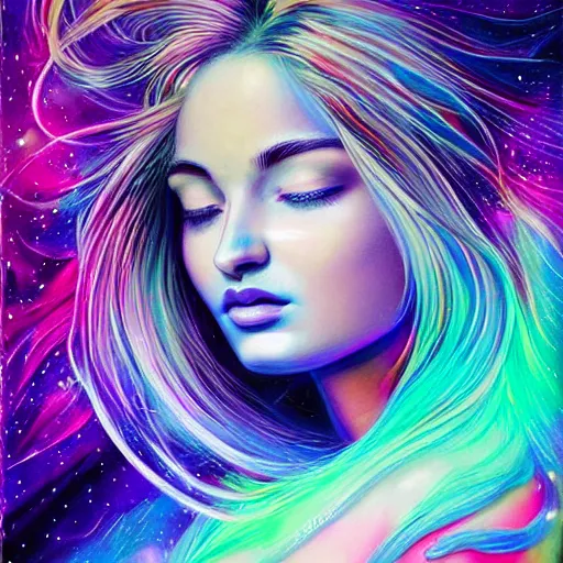 Image similar to a galaxy colored psychedelic chakra awakening kundalini ethereal portrait of kim petras with her eyes closed transcending to a higher plane of existence, eternal blessing, multiverse, by android jones, by ben ridgeway, visionary art, by artgerm, featured on artstation, cgsociety, by greg rutkowski