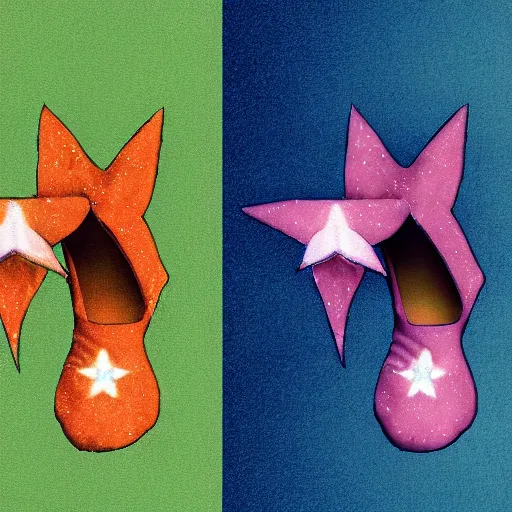 Image similar to a fairy wearing slippers in the shape of a star, realistic digital art