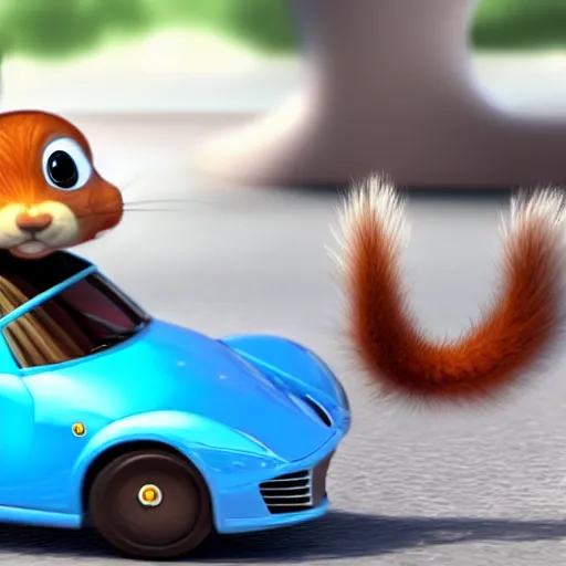 Prompt: Cute tiny squirrel driving a modern Ferrari Pixar style