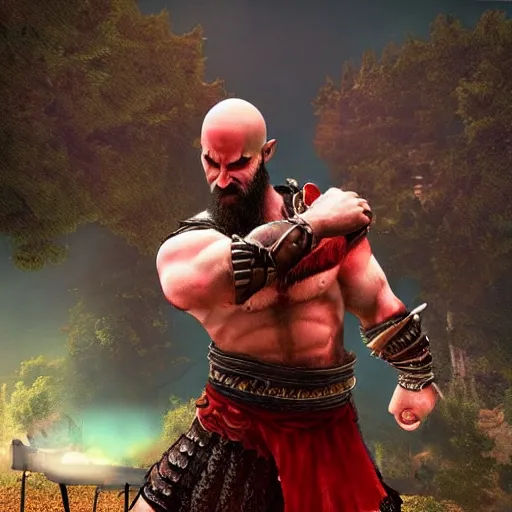 Prompt: kratos at music festival, instagram post 2015 filter