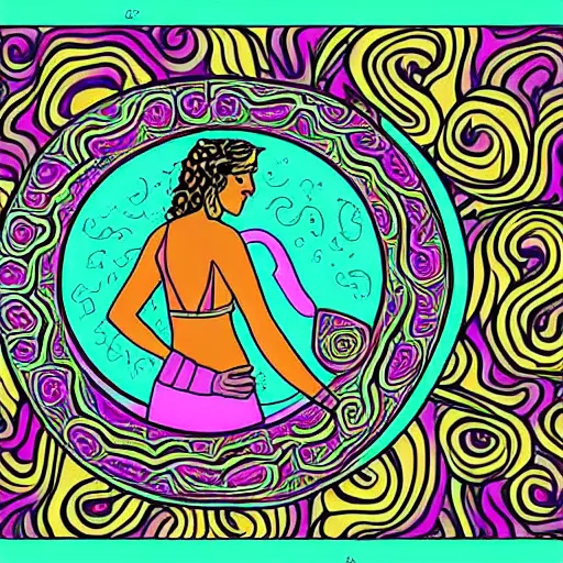 Image similar to goddess hera in a trippy room doodling rock symbols on the wall while aphrodite is making soup with rose petals inside a cauldron, digital art