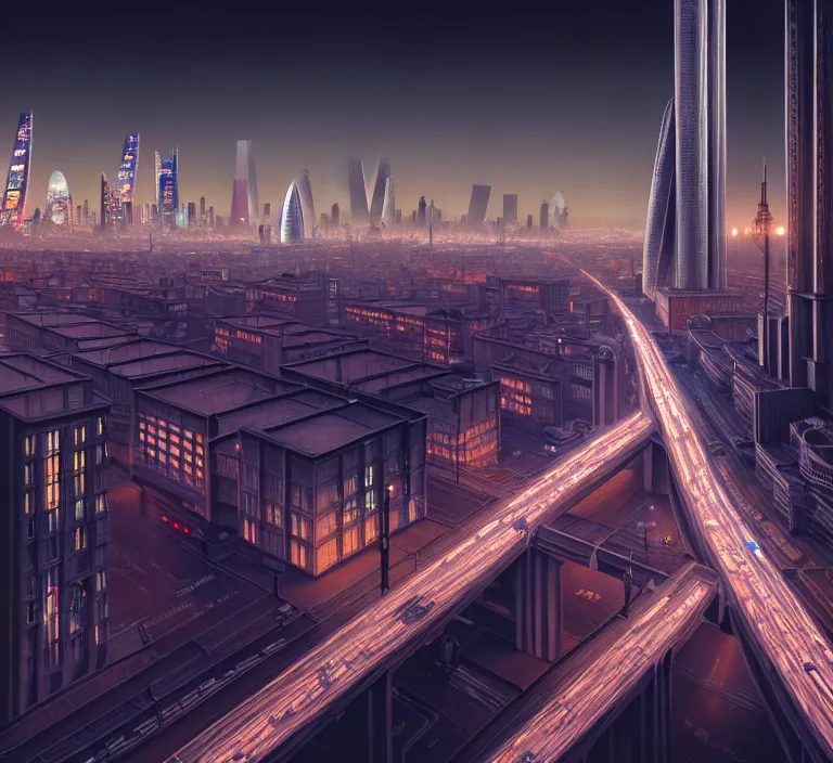 Image similar to hyperrealism photography hyperrealism concept art of highly detailed london at night highly detailed futuristic ( cyberpunk ) city by wes anderson and hasui kawase and scott listfield sci - fi style hyperrealism rendered in blender and octane render volumetric natural light