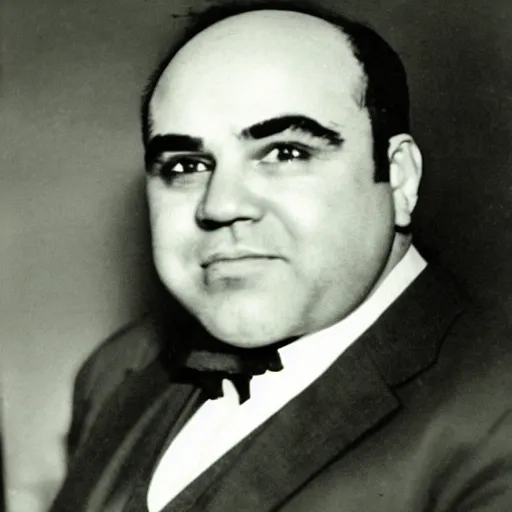 Image similar to an old mugshot of Al Capone, he is wearing a white tuxedo with a bowtie, he is smirking