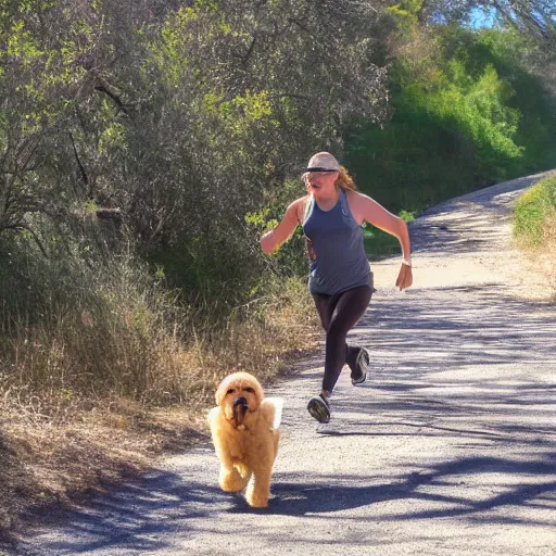 Prompt: golden doodle running in topanga canyon