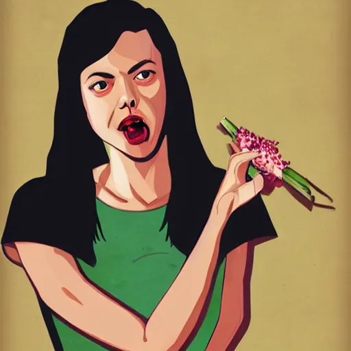 Image similar to young vampire aubrey plaza eating a clove of garlic, art by sam yang