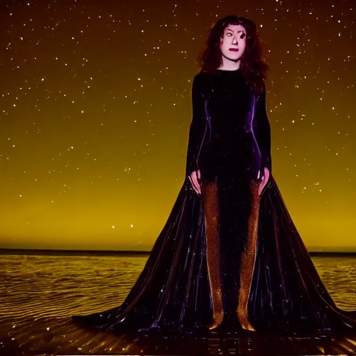 Image similar to lorde with a velvet crown and black gown standing on a raised translucent platform in the middle of the sea, night time with milky way in the sky. cinematic, 3 5 mm film, sharpness, nostalgic and melancholic 4 k, 8 k