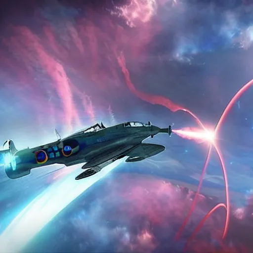 Image similar to photo, a futuristic space fighter modeled after a spitfire plane, flying through colorful clouds of smoke inside an intense space battle