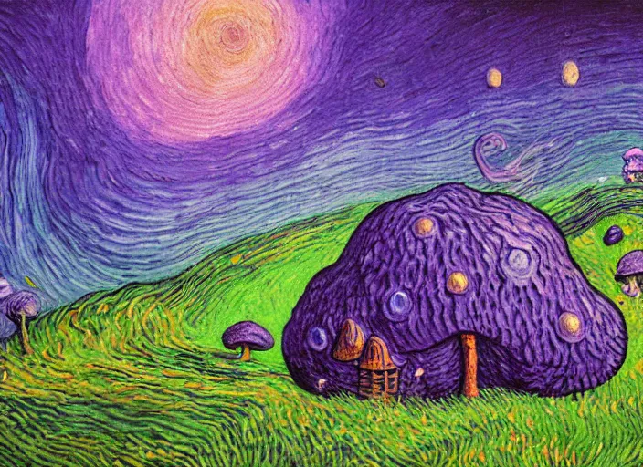 Image similar to detailed painting of a fungal house made of a giant purple mushroom, mystical dark purple landscape at night, dark purple sky, blue bioluminescent life, in the style of moebius and studio ghibli and vincent van gogh and claude monet