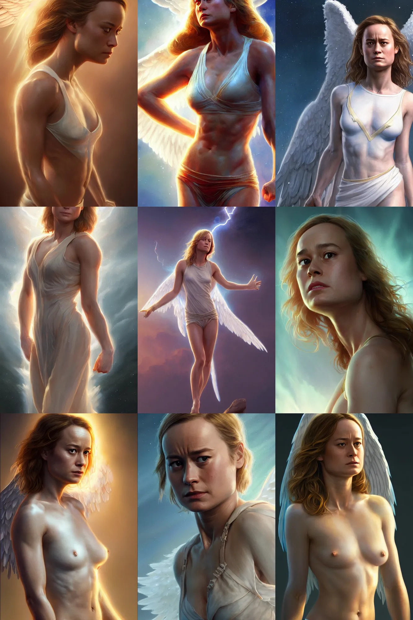 Prompt: brie larson as a heavenly angel, anatomy, bathed in light, highly detailed, photorealistic, artstation, smooth, sharp focus, illustration, disrobed, unreal engine 5, 8 k, art by artgerm and greg rutkowski and edgar maxence