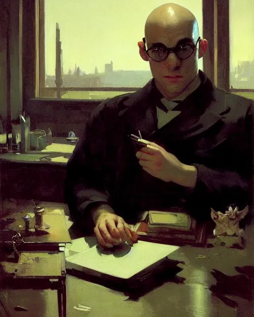 Prompt: a messy bald round - faced shaved hacker with glasses at the computer. fantasy art by greg rutkowski, gustave courbet, rosa bonheur, edward hopper. faithfully depicted facial expression, perfect anatomy, sharp focus, global illumination, radiant light, detailed and intricate environment, trending on artstation