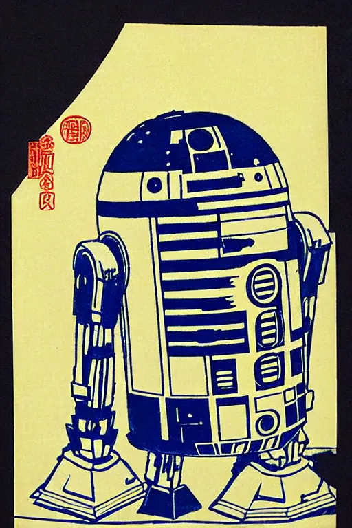 Prompt: Japanese woodblock print of r2d2