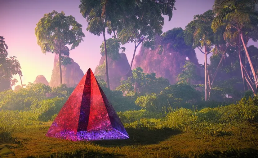 Image similar to a crystal tetrahedron!!! in the middle of ancient ruins in a lush prehistoric jungle, inside a humongous cave, red and magenta flowers, sunset, godrays, orange and blue sky, haze, volumetric lighting, a high - quality render, photorealistic, unreal engine 5