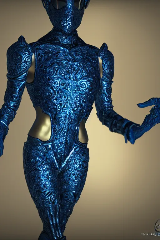 Image similar to full body portrait of a symmetric hyper realistic elegant alien, blue metallic skin, jewelry intricate details, unreal engine5, octane, with gold filigree mask and body armor